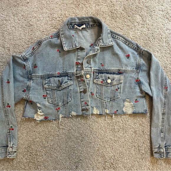 Radical Cherry-Embroidered Cropped Denim Jacket - Picture 3 of 6